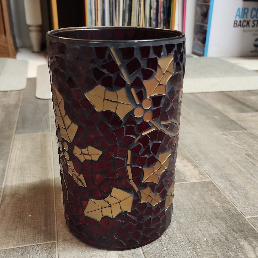 Mosaic Glass Vase with Red and Gold Leaf Design